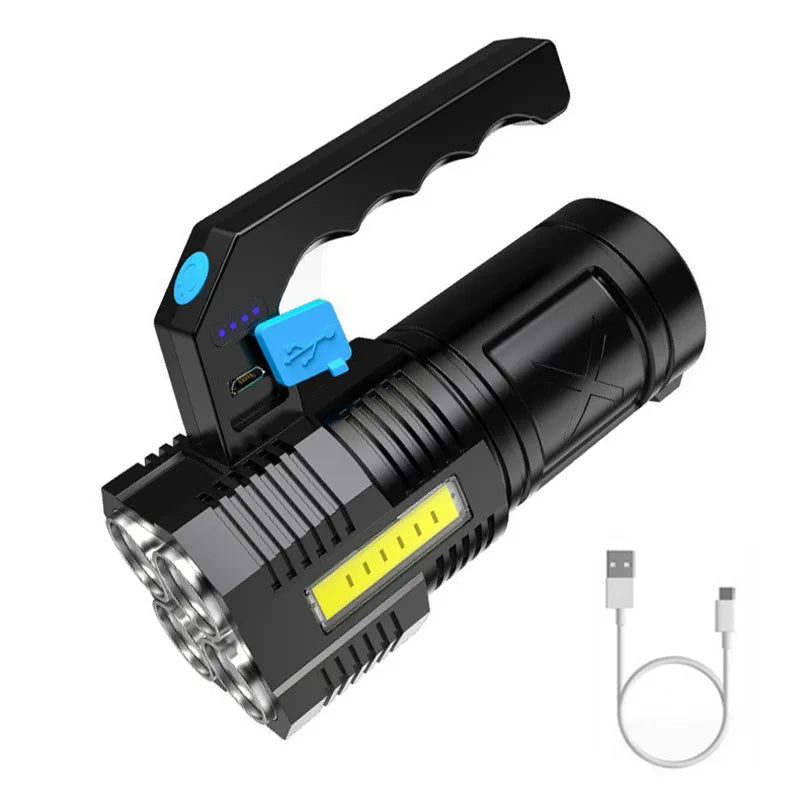 DecorBites™ LED Flashlight: High-light with 4 Lamp Beads, COB Floodlight, USB Rechargeable Outdoor Torch